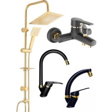 Armilla Armatür Armilla Kare Gold Robot Duş Seti, Siyah Gold Banyo, Siyah Gold Lavabo ve Mutfak Bataryası Musluğu 4’lü Lüx Full Set Mix Kare Siyah