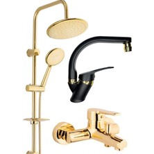 Armilla Armatür Armilla Yuvarlak Gold Robot Duş Seti, Gold Banyo, Siyah Gold Lavabo Bataryası Musluğu 3’lü Lüx Full Set Yuvarlak