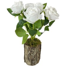 Nettenevime Doğal Ağaç Kütük Üzerine Aranje Edilmiş 5 Adet Yapay Beyaz Kadife Gül