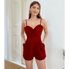 Rengamoda Askılı Kruvaze Yaka Şort Tulum (Kırmızı)