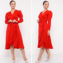 Rengamoda Krep Kumaş Midi Boy Kuşaklı Uzun Kol Elbise (Kırmızı)