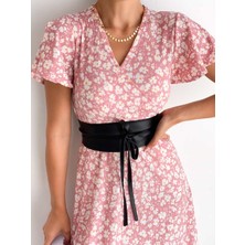 Rengamoda Çiçek Desen Kemer Dahil Midiboy Kaşkorse Elbise