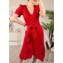 Rengamoda Krep Kumaş Midi Boy Kuşaklı Elbise (Renk Seçenekli)