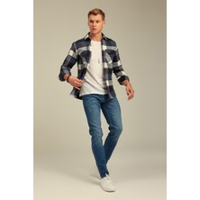 Cool Tarz Mavi Erkek Slim Fit Düğmeli Yaka Çift Cepli Oduncu Ekose Gömlek