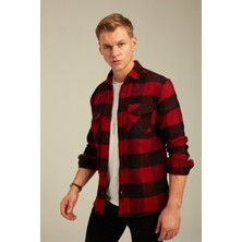 Cool Tarz Kırmızı Erkek Slim Fit Düğmeli Yaka Çift Cepli Oduncu Ekose Gömlek