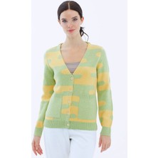 Sementa V Yaka Düğmeli Cepli Triko Hırka - Fıstık Yeşili