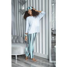 For You Sleepwear 2'li Çizgili Viskon Mavi Uzun Kol Pijama Takım S27231