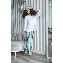 For You Sleepwear 2'li Çizgili Viskon Mavi Uzun Kol Pijama Takım