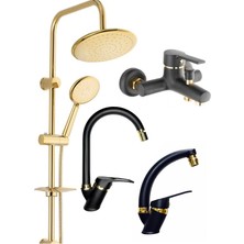 Armatür Armilla Kare Gold Robot Duş Seti, Siyah Gold Banyo, Siyah Gold Lavabo ve Mutfak Bataryası Musluğu 4’lü Lüx Full Set Mix Yuvarlak Siyah