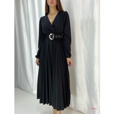 Rengamoda Kadın Eteği Pileli Uzun Kol Kemerli Krep Kumaş Elbise (Renk Seçenekli)