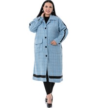 Disentis Modest Büyük Beden Şerit Detaylı Kaplama Düğmeli Uzun Astarsız Buklet Mavi Ceket