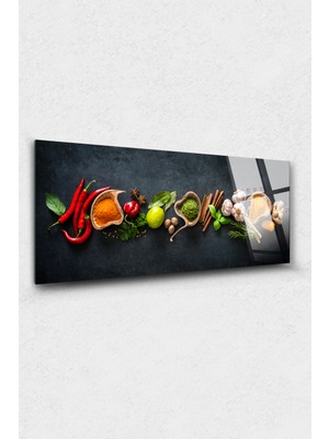 Assos Design Art Baharatlar Cam Tablo Restoran ve Mutfak Tablo Nane Kırmızı Biber Sarımsak Limon Tarçın Kimyon Dekorasyonu 47 x 30 cm