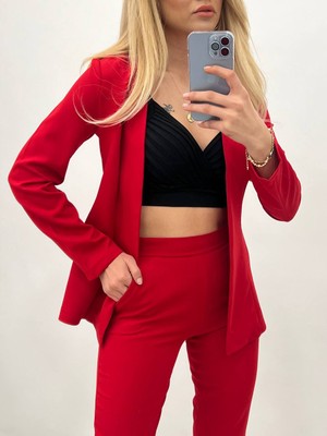 Rengamoda Atlas Kumaş Ceket Pantolon Takım (Kırmızı)