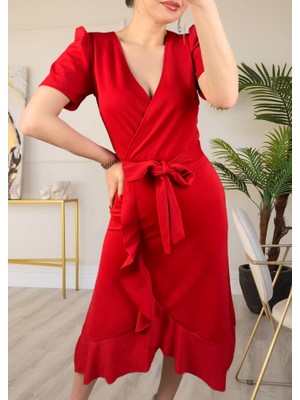 Rengamoda Krep Kumaş Midi Boy Kuşaklı Elbise (Renk Seçenekli)