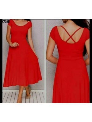 Rengamoda Sırtı Çapraz Detay Elbise (Kırmızı)