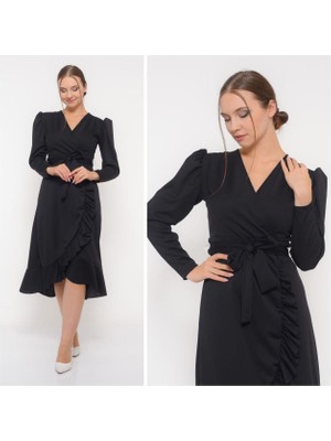 Rengamoda Krep Kumaş Midi Boy Kuşaklı Uzun Kol Elbise (Siyah)