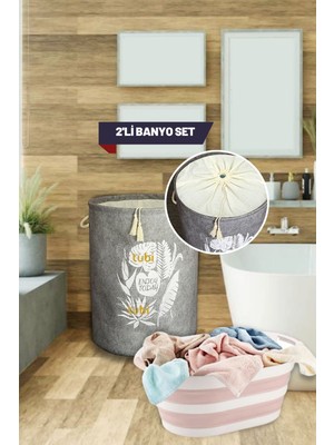 Tubi Home 2'li Lüx Banyo Seti - Keçe Kapaklı Kirli Çamaşır Sepeti - Katlanabilir Akordiyon Çamaşır Sepeti