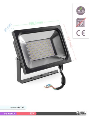 Ack LED Projektör Siyah Kasa 6500K Beyaz Işık 220V 50W