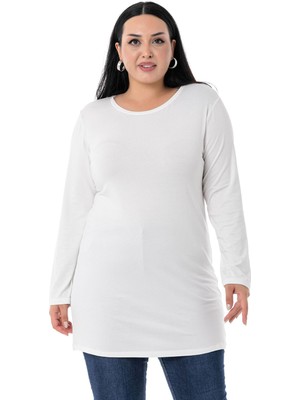Disentis Modest Kadın Büyük Beden Yuvarlak Yaka Uzun Kollu Ekru Viskon Body