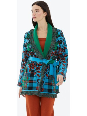 Sementa Şal Yaka Püsküllü Kemerli Çiçek Desenli  Triko Hırka - Turkuaz