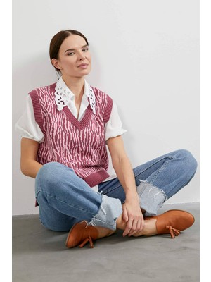 Sementa V Yaka Desenli Triko Süveter - Gül