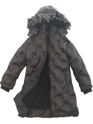 Week Kız Çocuk Kapüşonlu Mont Kürklü Peluş Astarlı Uzun Kol Midi Model Düz Renk