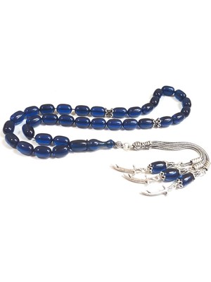 925 Gümüş Gümüş Püsküllü Mavi Renk Sıkma Kehribar Tesbih