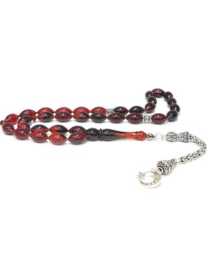 925 Gümüş 925 Ayar Gümüş Ayyıldız Püsküllü Arpa Kesim Sıkma Kehribar Tesbih