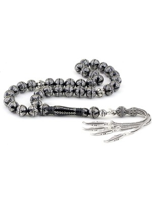 925 Gümüş Yoğun Gümüş Işlemeli  Erzurum Oltu Taşı Tesbih