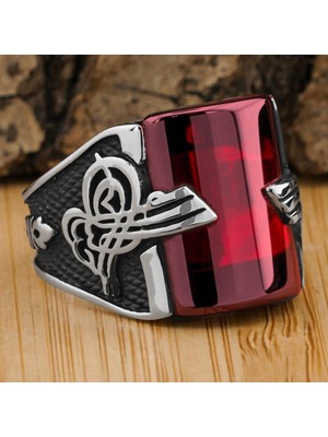 925 Gümüş Osmanlı Tuğra Tasarımlı Kırmızı Taşlı 925 Ayar Gümüş Yüzük