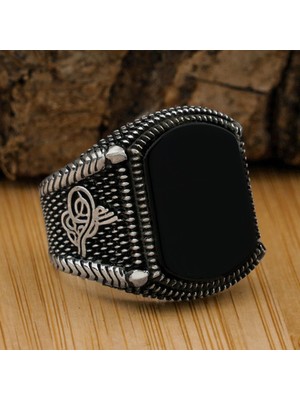 925 Gümüş 925 Ayar Gümüş Oniks Taşlı Tuğralı Yüzük