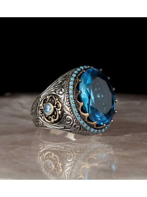 925 Gümüş Mavi Topaz Taşlı Gümüş Erkek Yüzük