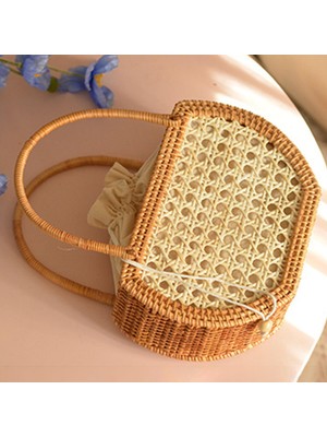 Rattan Dokuma Çanta Vintage Tarzı Debriyaj Çantası Iç Cep El Sepeti Yarım Daire Şeklinde