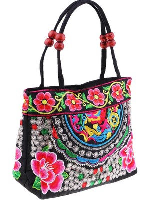 Retro Kadın Nakış Çantası Ulusal Omuz Çantası Tote Seyahat Çantası 31X51CM E