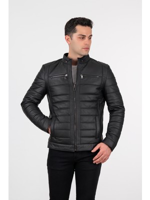Deri Effect Erkek Slim Fit Siyah Deri Şişme Ceket El Yapımı Kalite