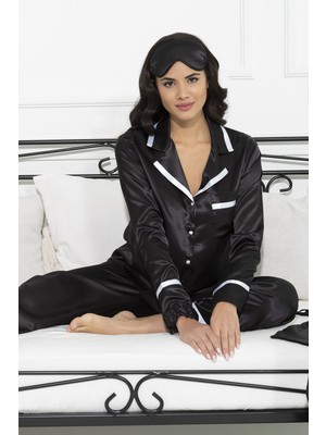 For You Sleepwear 5'li Saten Beyaz Şeritli Siyah Pijama Takımı S27124