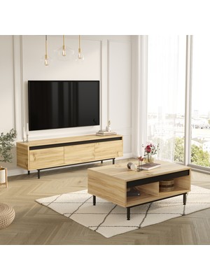 Yurudesign Luvio Tv Ünitesi Orta Sehpa Metal Ayaklı 2'li Set Keçe-Siyah LV33-KL