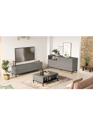 Yurudesign Luvio Tv Ünitesi Orta Sehpa Konsol Metal Ayaklı 3'lü Set Beton-Siyah LV36-RL