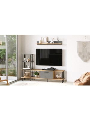 Yurudesign Noble Metal Tv Ünitesi Kapaklı Kitaplık Raf 160CM Atlantik Çam-Beton Nb2-Ag