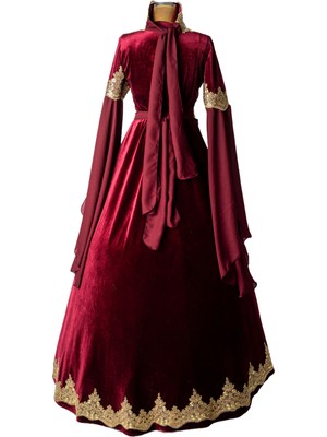 Dolunay Moda Kaftan Bindallı Bordo Renk Yeni Sezon Gold Dantelli