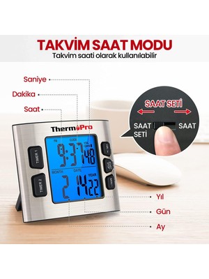 Npo Thermopro TM02 Mutfak, Spor, Ders Için Alarmlı, Işıklı, Çift Geri Sayımlı Kronometre ve Dijital Saat