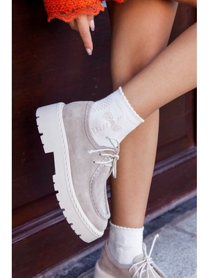 Nilufarr Madlen Bej Süet Kadın Loafer Ayakkabı