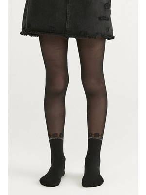 Penti Siyah Kız Çocuk Çicekli Külotlu Çorap