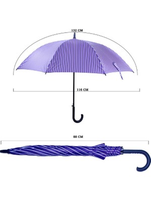 Sunlife 8 Telli Otomatik Fiberglass Baston Çizgili Mor Renkli Yağmur Şemsiyesi