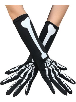Pandoli Uzun 36 cm Halloween Kemik Desenli Iskelet Eldiveni Yetişkin 1 Çift