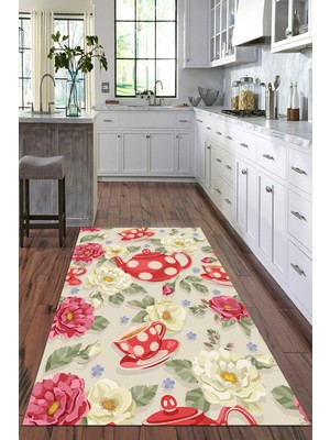 Viyana Home Dijital Baskılı Kaymaz Taban Yıkanabilir Fincan Desenli Modern Mutfak Halısı VHM-HM-561