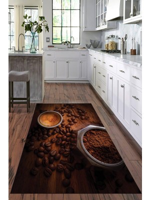 Viyana Home Dijital Baskılı Kaymaz Taban Yıkanabilir Kahve Desenli Modern Mutfak Halısı VHM-HM-566