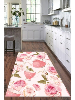 Viyana Home Dijital Baskılı Kaymaz Taban Yıkanabilir Fincan Desenli Modern Mutfak Halısı VHM-HM-573