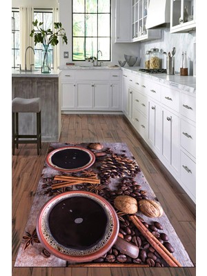 Viyana Home Dijital Baskılı Kaymaz Taban Yıkanabilir Kahve Desenli Modern Mutfak Halısı VHM-HM-596