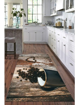 Viyana Home Dijital Baskılı Kaymaz Taban Yıkanabilir Kahve Desenli Modern Mutfak Halısı VHM-HT-1553